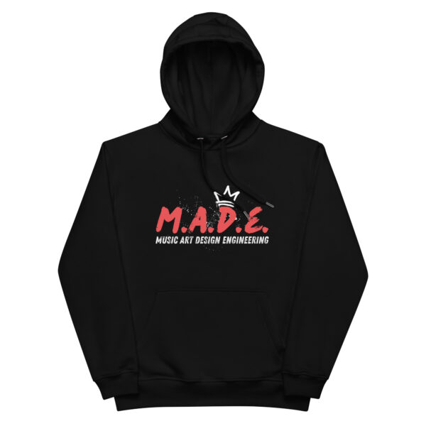 Black MADE Premium Eco Hoodie crafted from organic cotton and recycled polyester, combining comfort with eco-conscious design.
